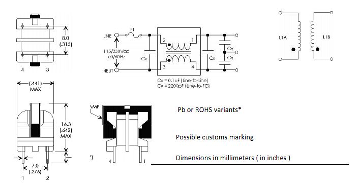 APMCU-5470, APMCU-5330, APMCU-5220, APMCU-5100, APMCU-5056, APMCU-5033, APMCU-5015 dimensions EMI line filter